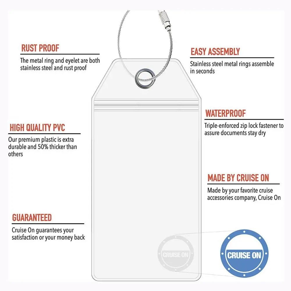 Zip Seal Pouch Cruise Luggage Tag Holders Waterproof Steel Wire Cable Loop Ship Ticket Card Sleeve PVC Clear Cruise Tags