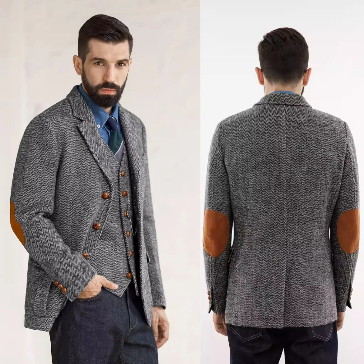 Vintage Men Coat Herringbone Notched Lapel Trench Coats Classic Fit 2 Piece Set Jacket Vest Business Blazers Customized