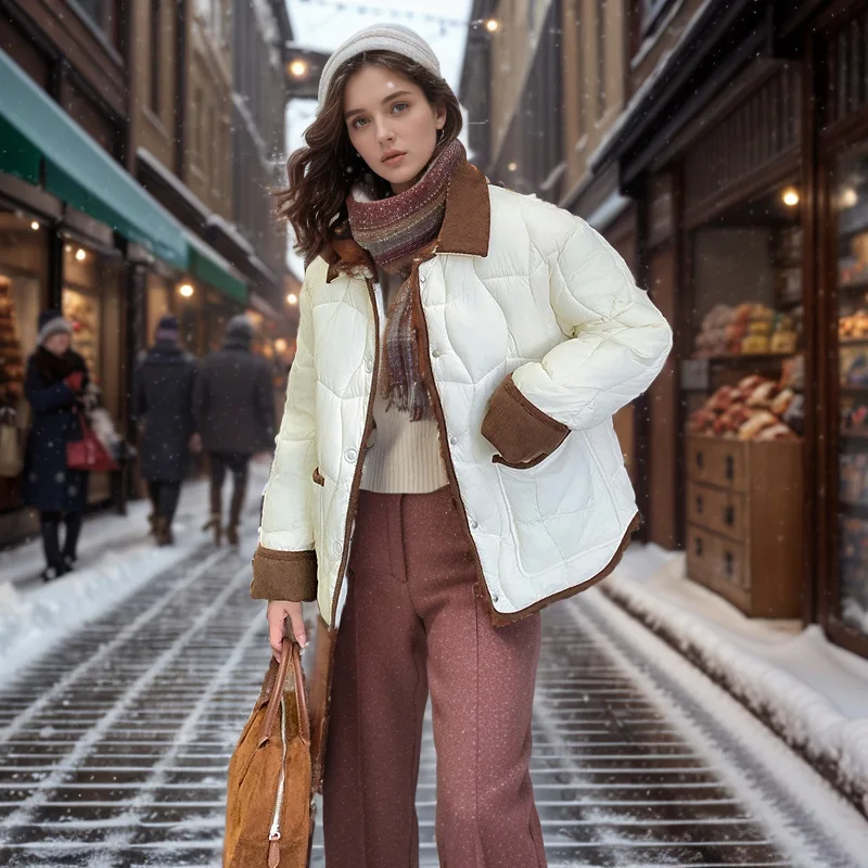 2025 inverno feminino leve curto jaqueta de algodão feminino contraste lapela diamante 2 bolso acolchoado jaqueta de inverno feminino