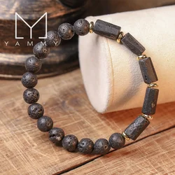 Natural Black Tourmaline Stone Chunky Beads 8mm Black Lava Beads Elastic String Bracelet Jewelry N0381JBG.E