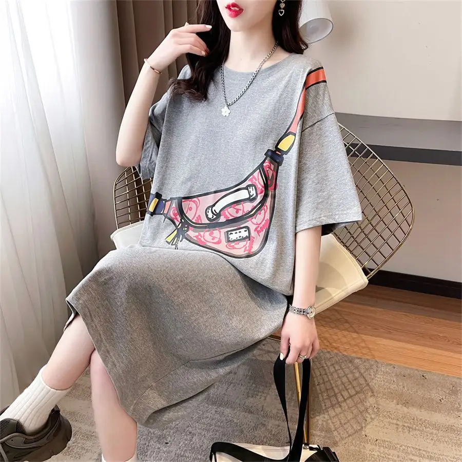 Cotton T-Shirts Oversized Women Clothing Casual Korean Patchwork O-neck Short Sleeve Midi Dress Summer Loose Letter Dresses