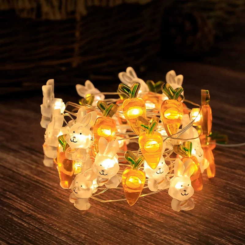 Curtain 2024 Easter Rabbit String Light Carrot Chick Eggs Fairy Light Garland Happy Easter Party Decoration for Home Kids Gift