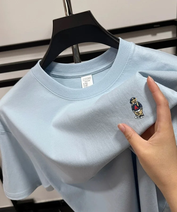 العلامة التجارية الموضة تيدي بير المطرزة تي شيرتات قصيرة الاكمام الرجال الصيف 100% القطن تنفس الشباب الكورية عادية جولة الرقبة #3