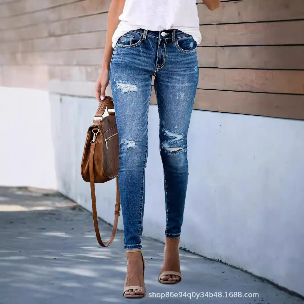 

Модные и универсальные эластичные джинсы. Новые потертые узкие брюки-карандаш для женщин на все времена года. Повседневные джинсы скинни