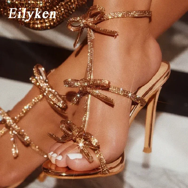 Eilyken Design Style Round Toe Buckle Strap Woman Sandals Fashion Crystal Thin High Heels Stripper Party Ladies Shoes