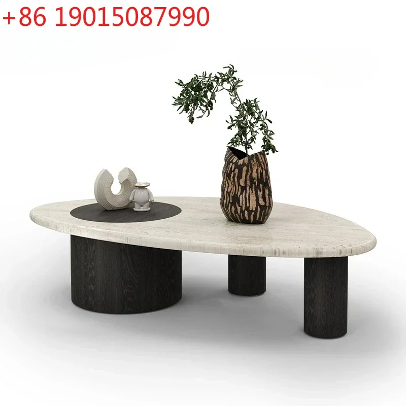 Superficie in pietra bianca naturale + legno massello di rovere/tavolino da caffè moderno in marmo ovale color crema