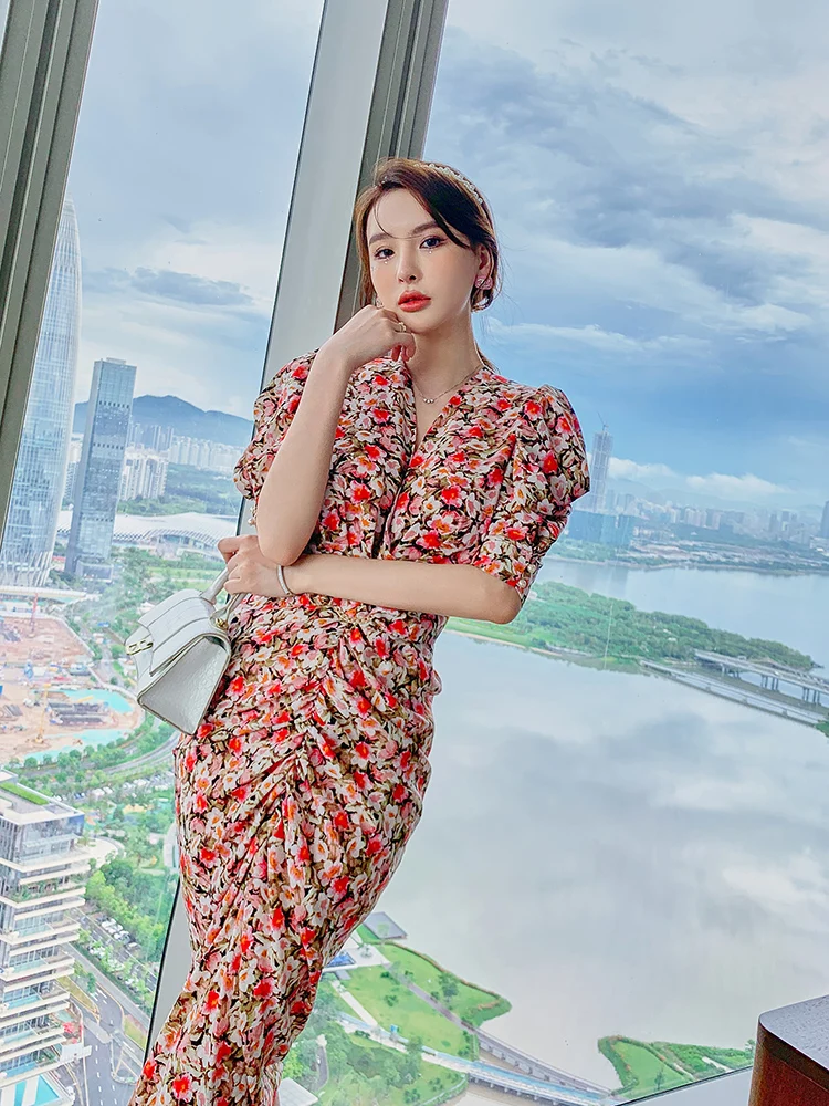 Fashion Summer French Floral Folds Midi Party Dress Ladies OL Coffee Break Elegant Vintage Puff Sleeve Sexy Backless Split Dress