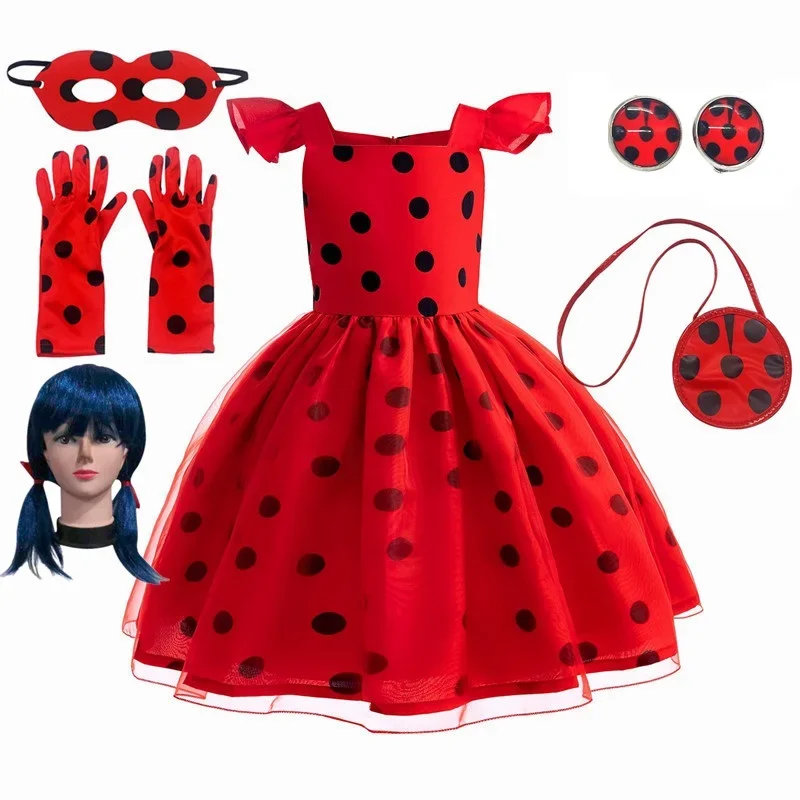 New Halloween Lady Girls bug Birthday Party Dress wigs Earrings Retro Costume Kids Clothes Anime Black Dot Carnival Cosplay Sets