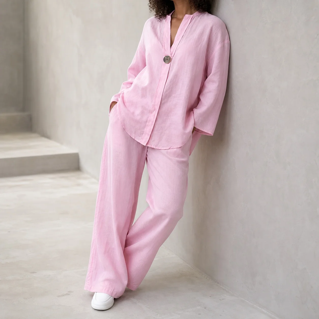 Women's Long Sleeve Button Solid Color T Shirt and Pants 2-Piece Set All Season Matching Outfit Luxury Women Sets Woman 2 Pieces