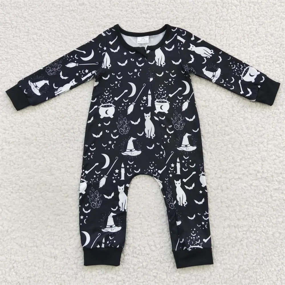 

Wholesale Baby Boy Black Cats Hats Boutique Jumpsuit Kid Toddler Long Sleeves One-piece Newborn Halloween Zipper Romper Clothing