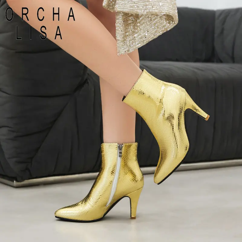 ORCHA LISA Plus Size 46 47 Fashion Female Boots High Heels Autumn Winter Patent Leather Shoes Sexy Ankle Party Ankle Bota 33 34