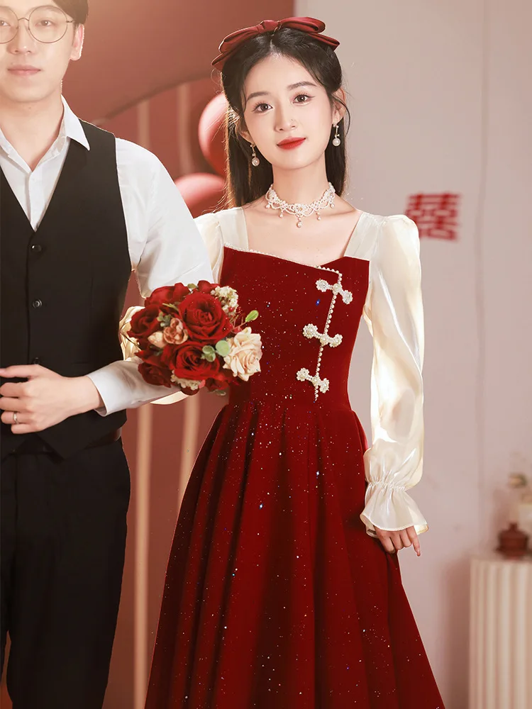 Elegant Woman Chinese Traditional Res Dress Vintage Princess Dress for Part Oriental Wine Red Cheongsam Bride Wedding Qipao