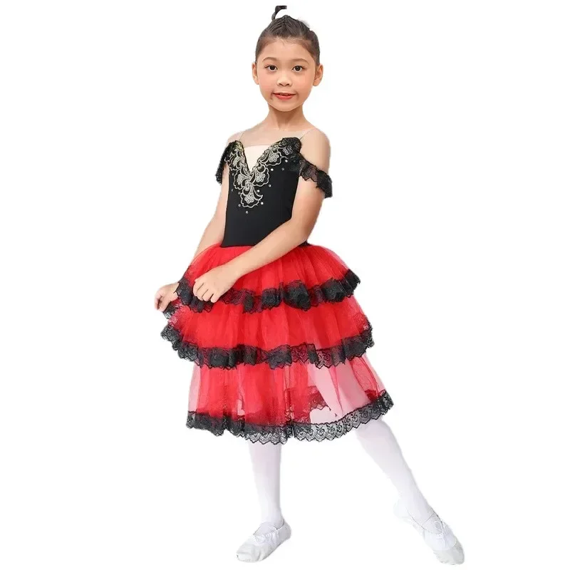 Professional Spainish Red Long Skirt Black Red Adult Children\'s Ballet Performance Dress