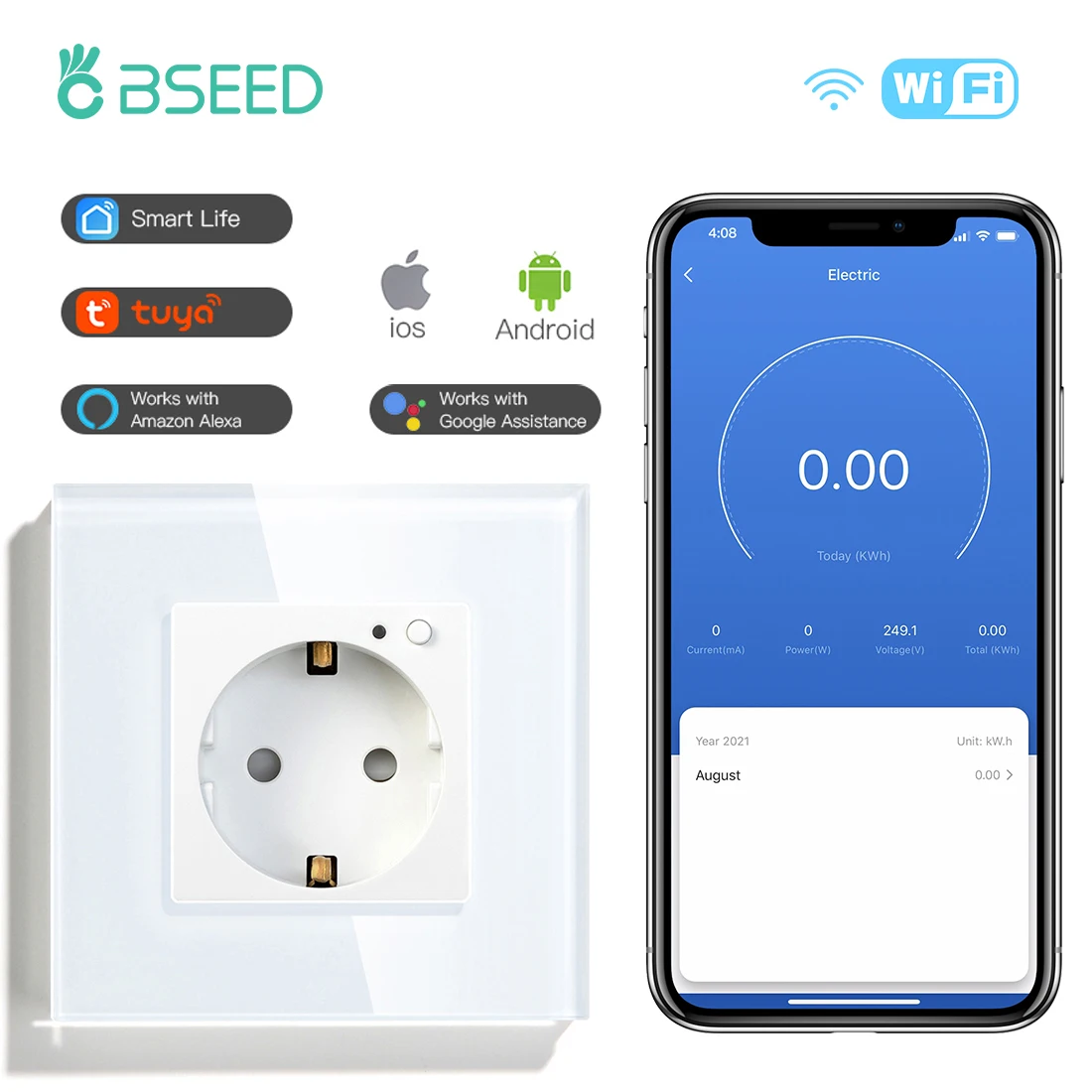 BSEED EU Smart Wifi Control Power Monitor Sockets 16A 110V-250V Power Wall Sockets Glass Panel Support For Tuya Google Alexa