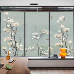 Privacy Glass Window Film Anti UV Frosted Glass Window Flim Flowers and birds Pattern Glue-Free Static Cling Glass Door Sticker