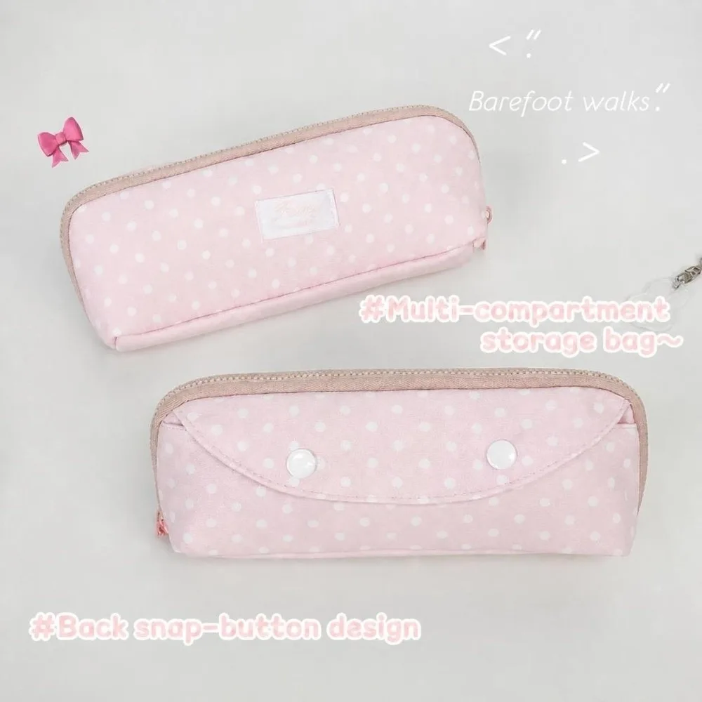 Kawaii Pink Polka Dot Pencil Case Double Snap Button Large Capacity Stationery Pouch Pen Bag Gift