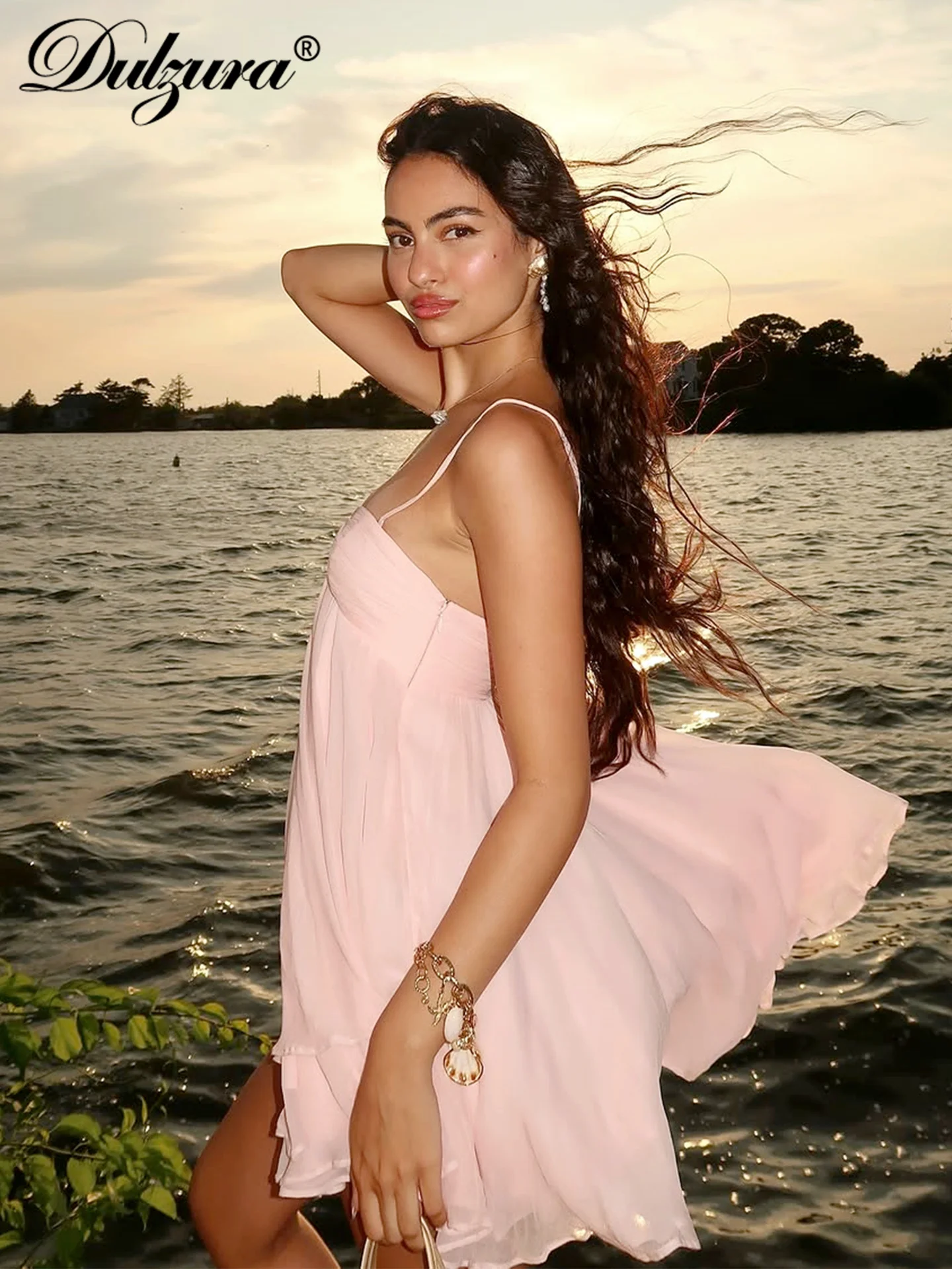 Dulzura 2025 Summer Fashion Sleeveless Backless Slim Fit Chiffon Mini Camisole Dress Lady Solid Sexy Elegant Party Club Clothes