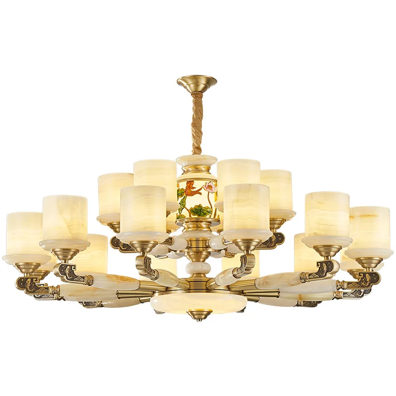 

New Chinese style, all copper, jade, living room, chandelier, Chinese style, villa, duplex building