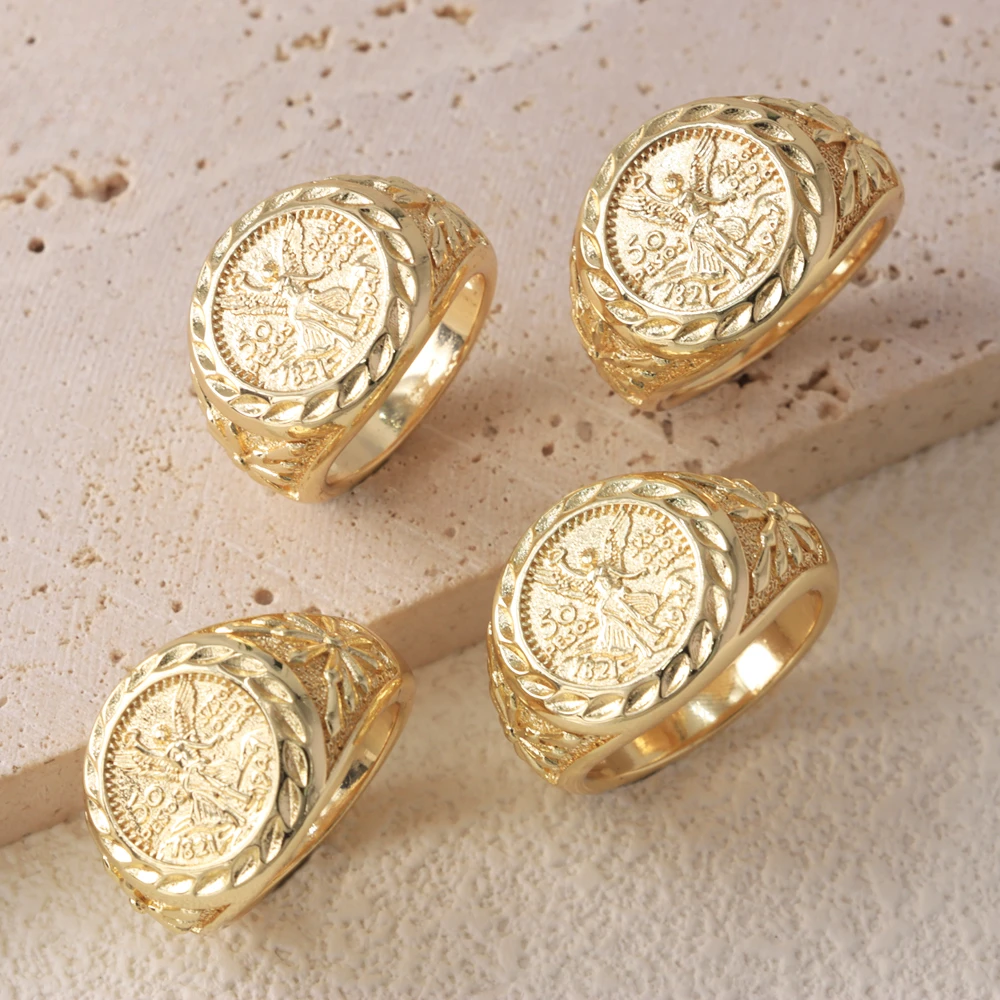 Luck Jewelry Fashion New Hip Hop Retro Mexican Style 50 Peso Pattern Men Gold Coin Ring Party Gift