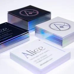 Custom Glittery LOGO Hologram Silver Foil Edge Business Card Square Hot Stamping Pearl Paper Visiting Card Double-side Printing