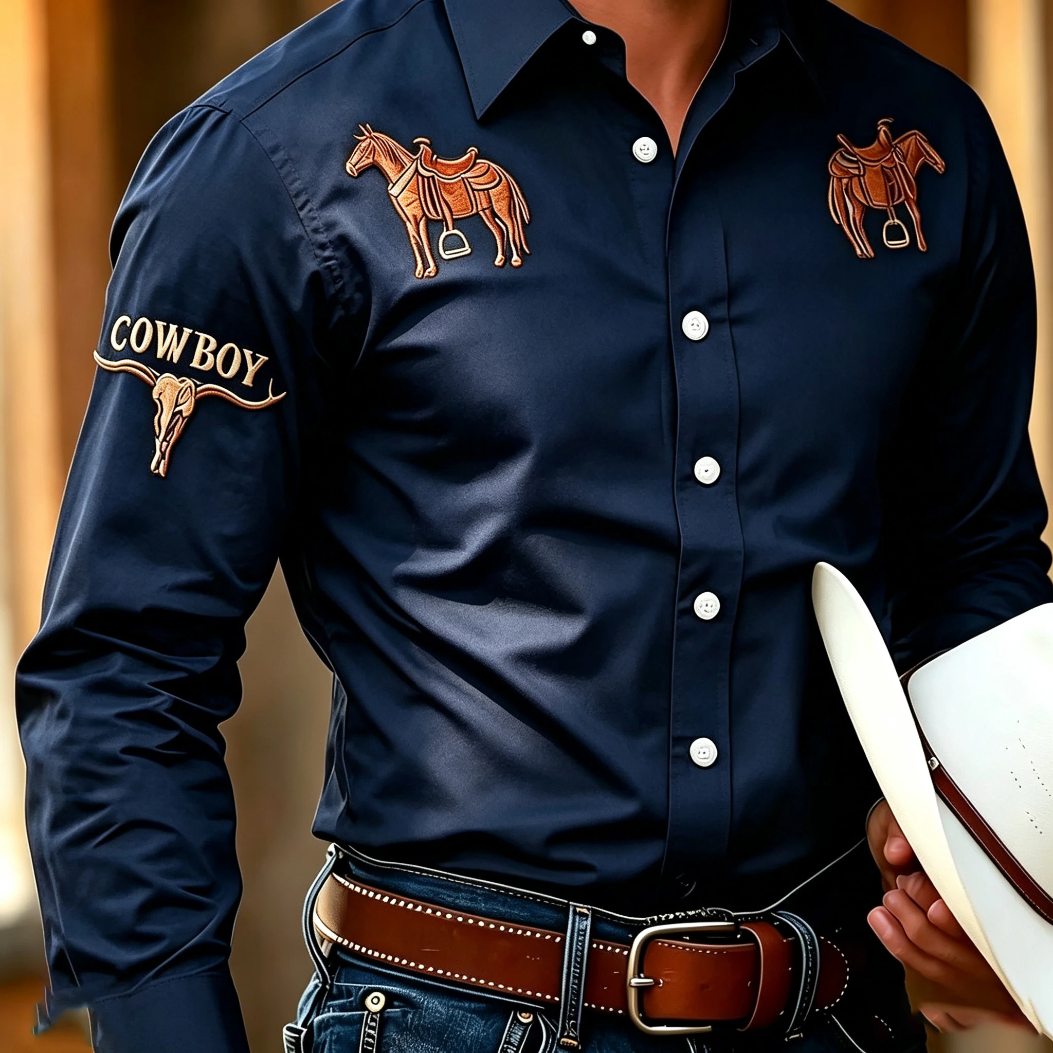 Men's Long-Sleeve Collared Shirt, COWBOY Bull Head Print Retro Work Shirt, Country Cowboy Outdoor Casual Top