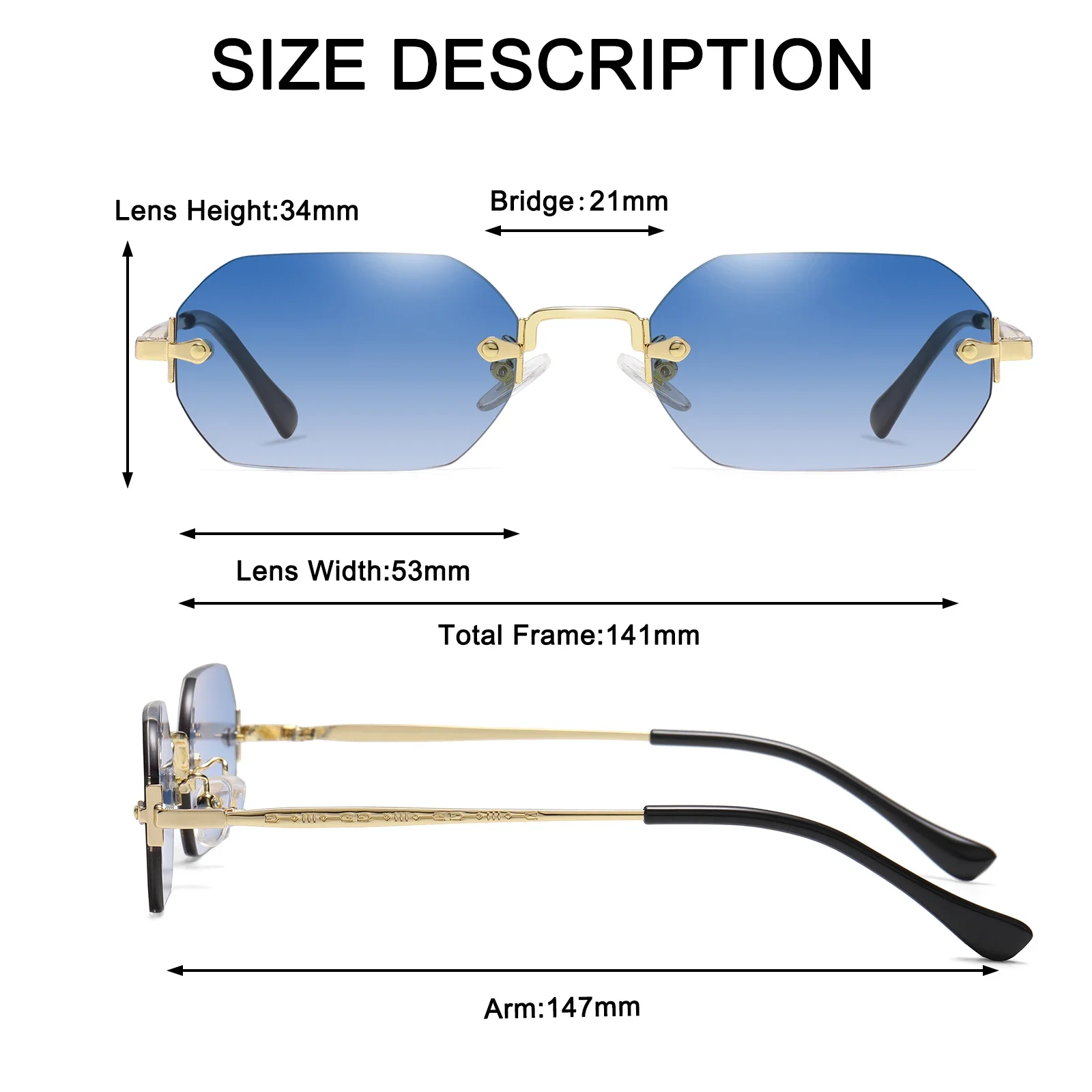 Rimless Rectangle Sunglasses Small Men Glasses Women Metal Gold Polygon Blue Shades 2024 UV400 Frameless