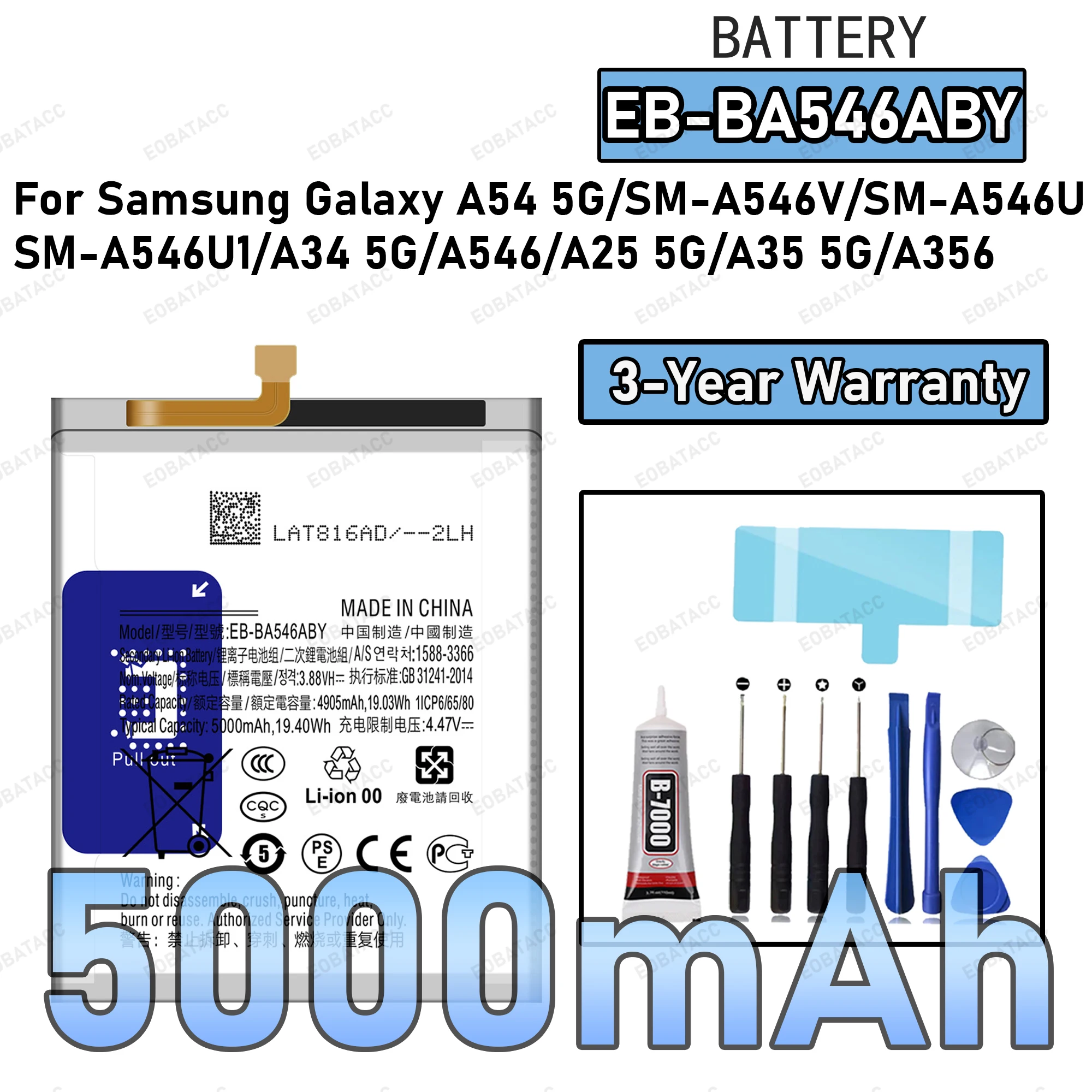 

100% New Zero Cycle EB-BA546ABY Battery For Samsung Galaxy A54 5G/SM-A5456V/SM-A546U Phone Replacement Bateria +Free Tools