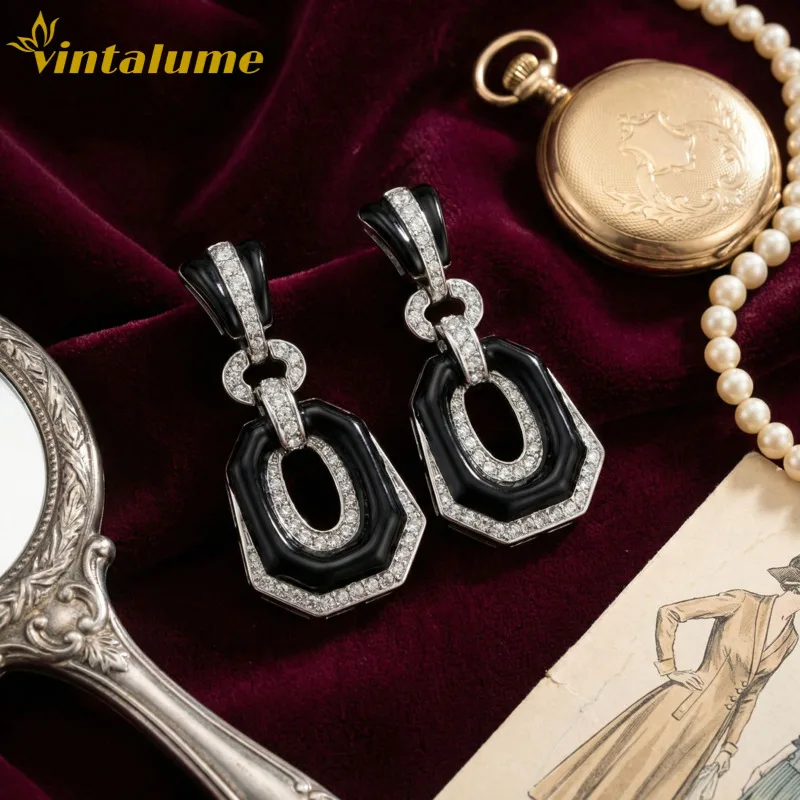 

Серьги-кольца Vintalume с черной эмалью и геометрическим узором, инкрустированные фианитами, роскошные винтажные шикарные украшения для вечеринок, подарок для нее, элегантные модные ювелирные изделия