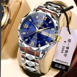 BINBOND Men's Watches Rhombus Mirror Circular Ring Dial Original Quartz Watch for Man Waterpoof Luminous Date Week Trend Fashion