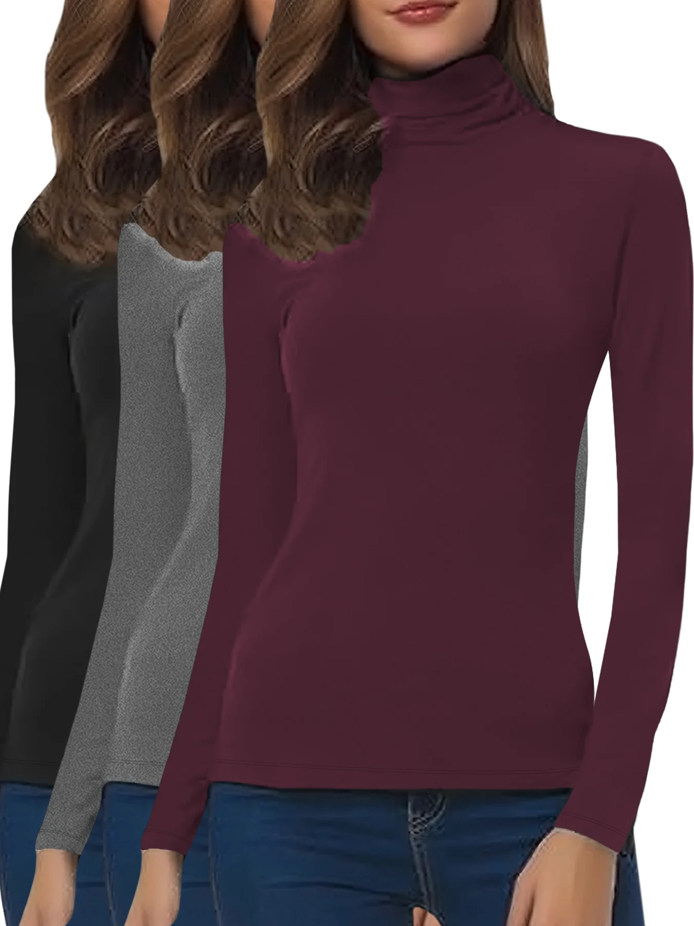 

Комплект из трех женских судов с высоким воротником и длинными рукавами. Супер комфорт, эластичный однотонный повседневный стиль. Тренировка Бег Йога Атлетика