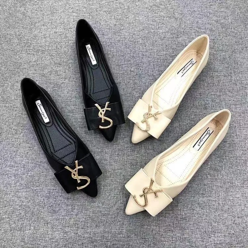 

Summer Shoes for Women 2023 Luxury PU Leather Shallow Pointed Black Flats Shoes Metallic Letter Ladies Evening Shoes Size 35-41