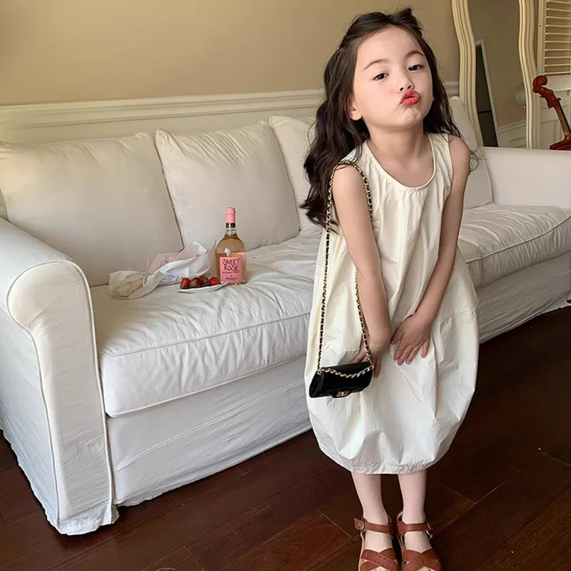 

Baby Girl Dress Girls Niche Design Temperament Sundress Children Long Skirt Solid Color Cocoon Type Split Sleeveless Dress