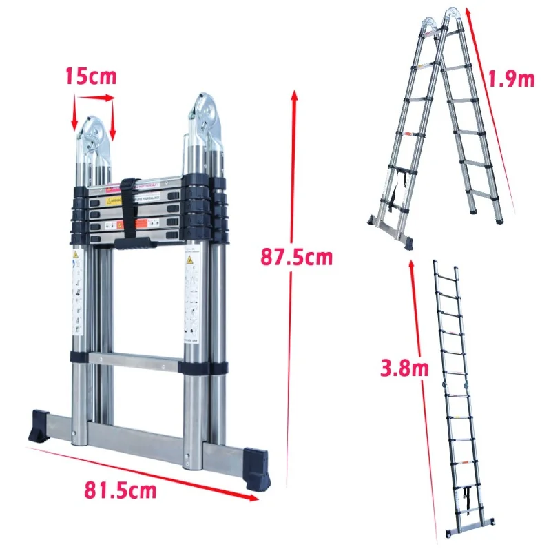 lucn Heavy Duty stalen telescopische ladder 3,8 m / 5 m A-frame, 150 kg belasting antislip stabiel met stabilisatoren voor zolder thuis commercieel