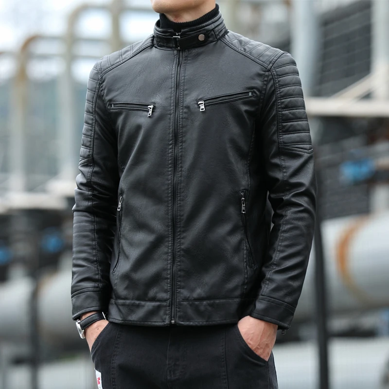 Autumn and Winter Commuting Korean Version Slim Fit Short Standing Collar Leather Jacket Motorcycle Jacket for Men