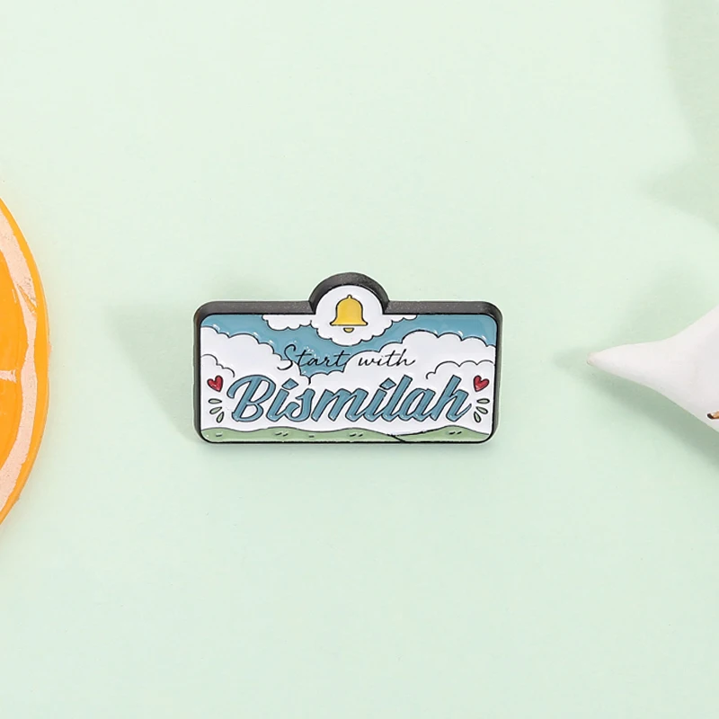 Start with Bismillah Enamel Pin Muslim Islamic Iftar Quran Quote Eid Mubarak Religion Brooch Lapel Badge Jewelry Gift for Friend