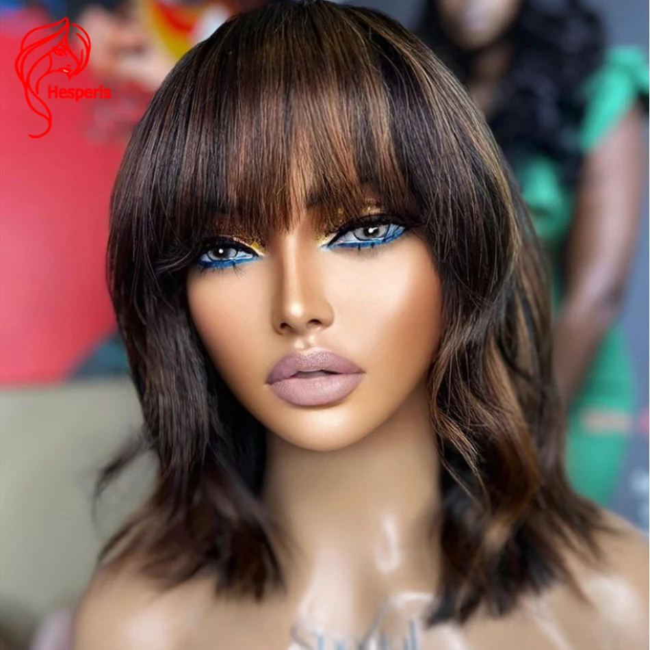 Hesperis Natural Wave Full Machine Made Wig With Bangs Remy Brazilian Hair Short Bob Human Hair Wigs Highlight For Black Women