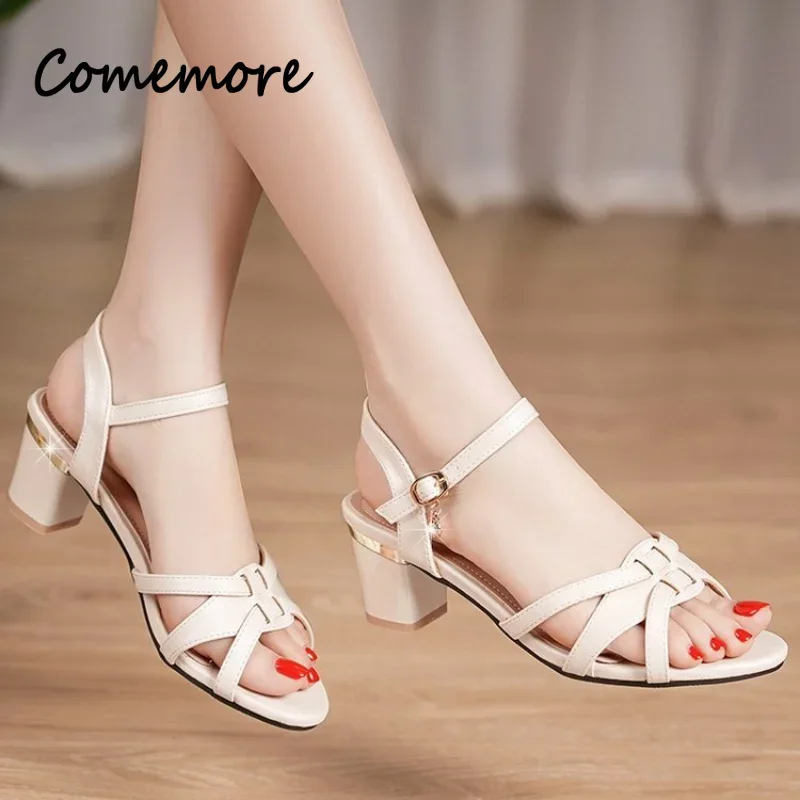 Comemore Summer Sandals Leather 2024 Large Size Comfort Square Heel Open Toe Elegant Women Shoes Woman Fashion Sandal High Heels