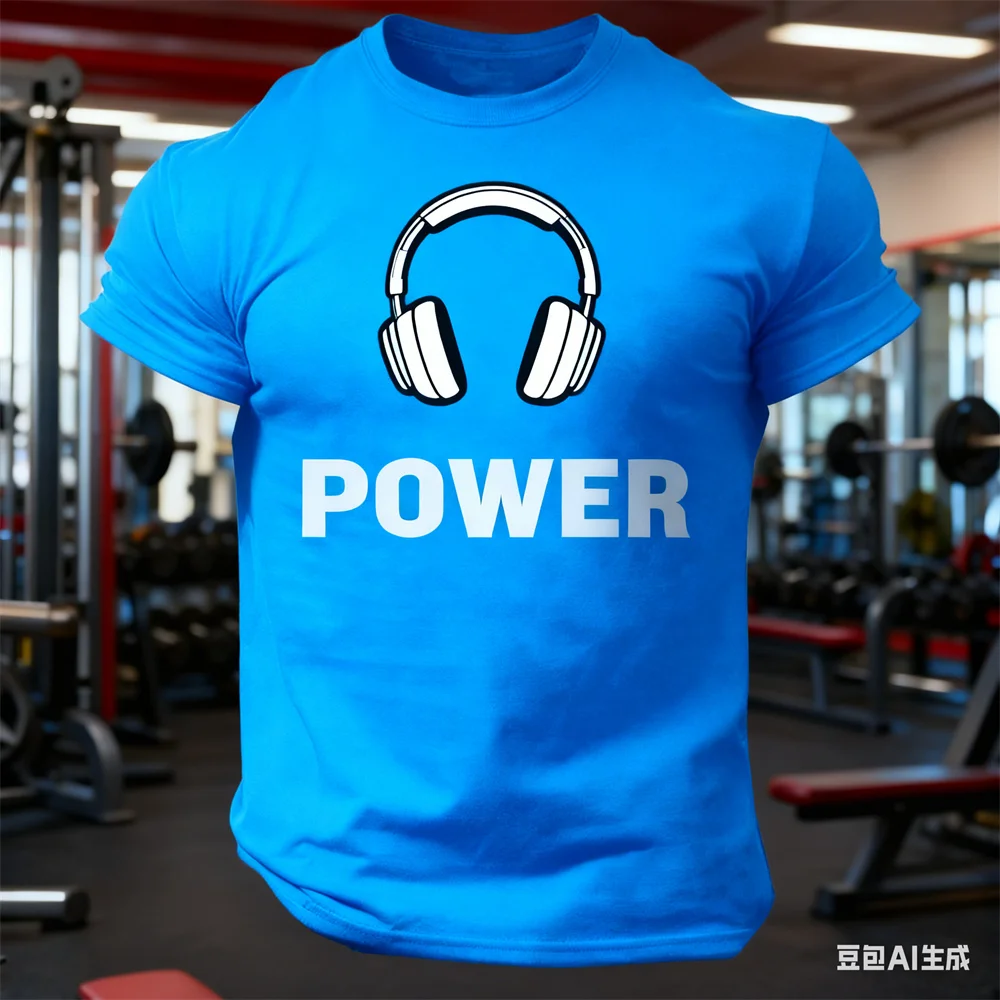 Summer men's T-shirt earphones pattern Fitness T-shirt breathable and quick-drying t shirt for man Gym sports round neck T-shirt