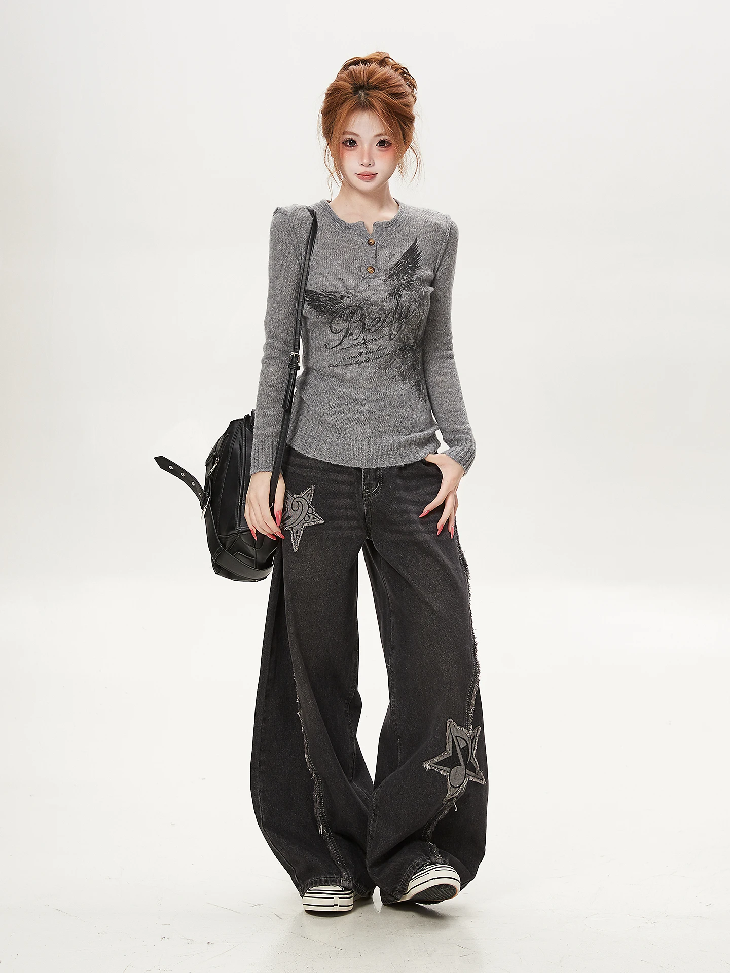 Gray round Neck Long Sleeve Knitted Sweater Women's Loose Feeling Print Base Shirt Casual Style Autumn Season Fashion for You...