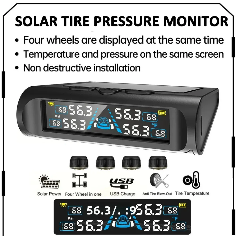 Solar-Powered Tire Pressure Monitoring System Digital LCD Display 0-6.8 Bar Tire Pressure Gauge Car Tire Monitor Bring 4 Sensors