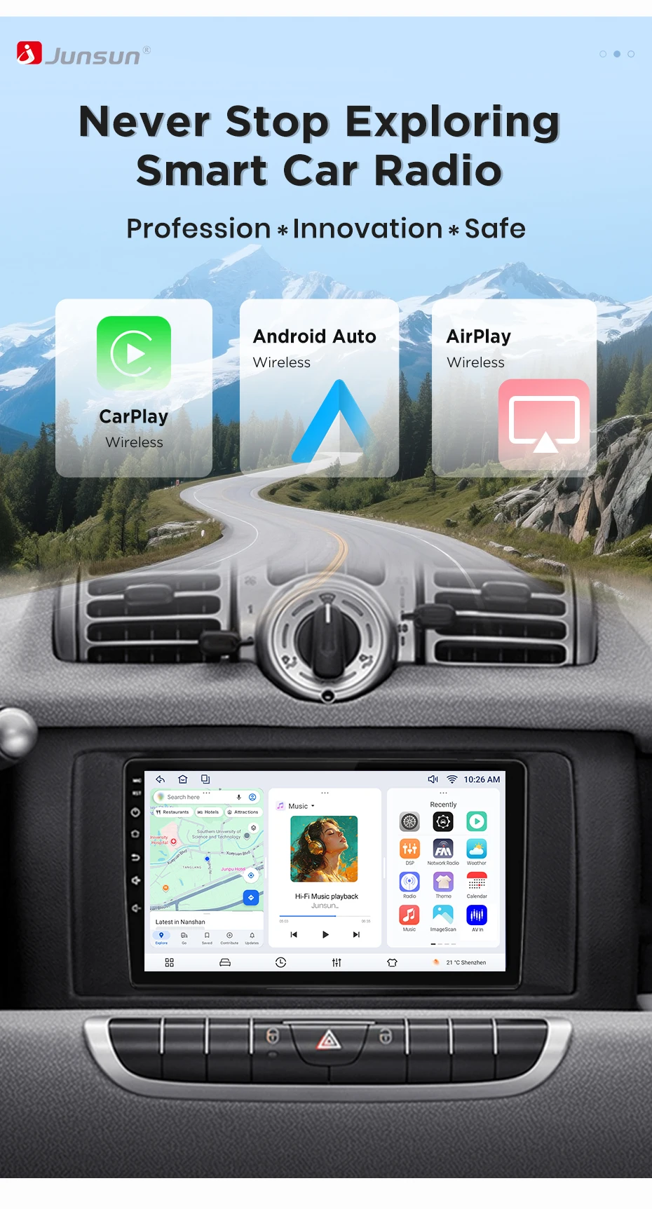 Junsun Kabelloses CarPlay Android Auto Autoradio für Mercedes Benz Smart Fortwo 451 2011 2012 2013 2014 2015 2 DIN Multimedia Stereo SWC BT FM RDS DSP Auto-Intelligenzsysteme GPS-Navigation – Detail 2
