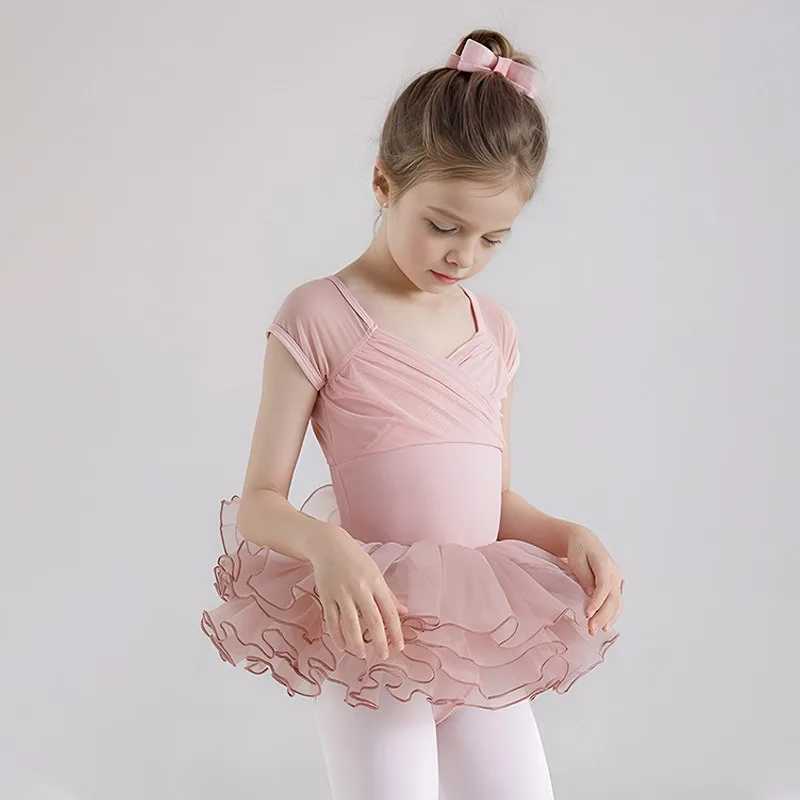 子供用ダンス衣装、トレーニングスーツ、女の子用夏用半袖体操服、バレエスカート、中国舞踊衣装