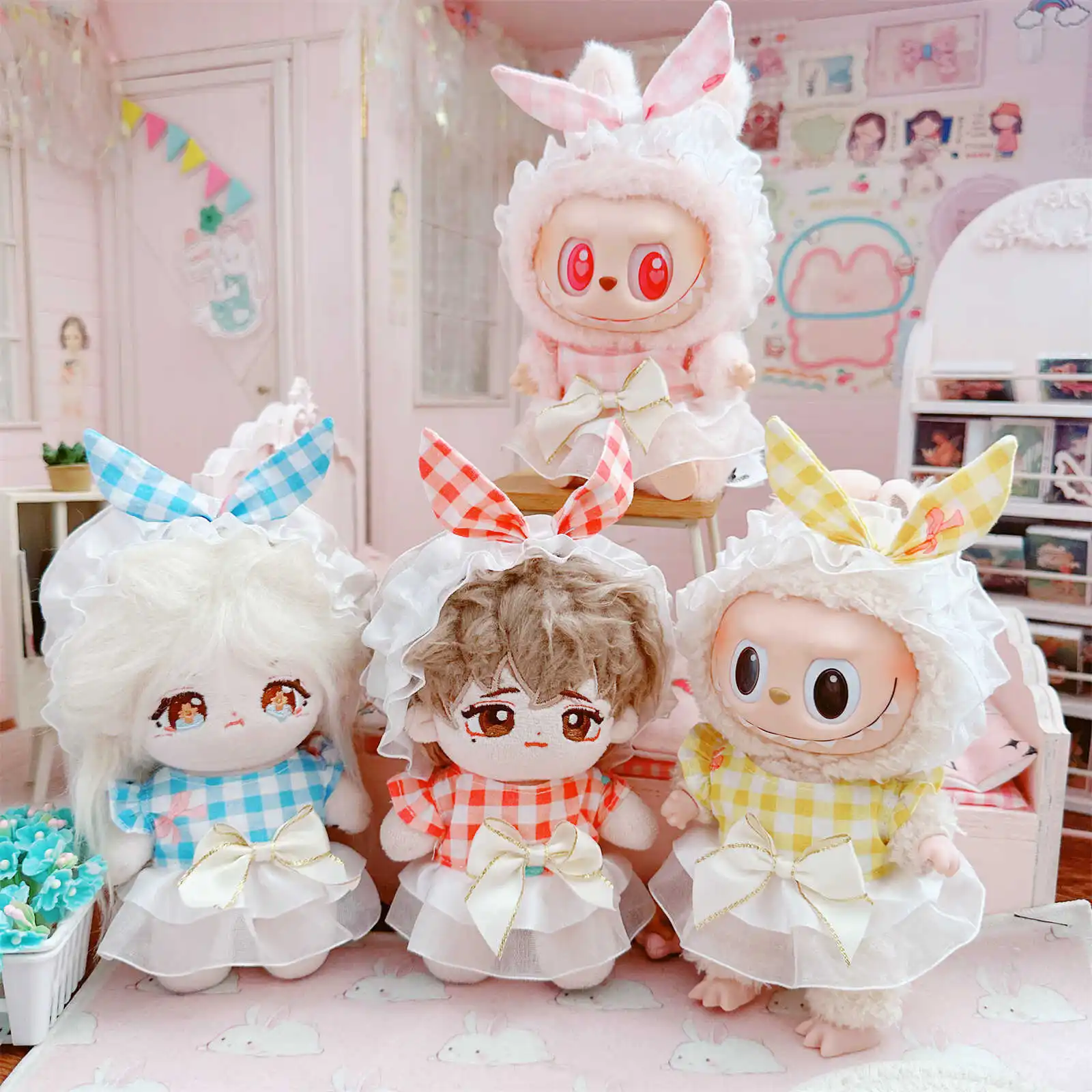 

Kawaii Plush Doll Clothes, Cute Bunny Lattice Bow Headband, DIY Idol Suit, Changing Clothes, Game Accessories, Gifts, 10cm, 2Pcs