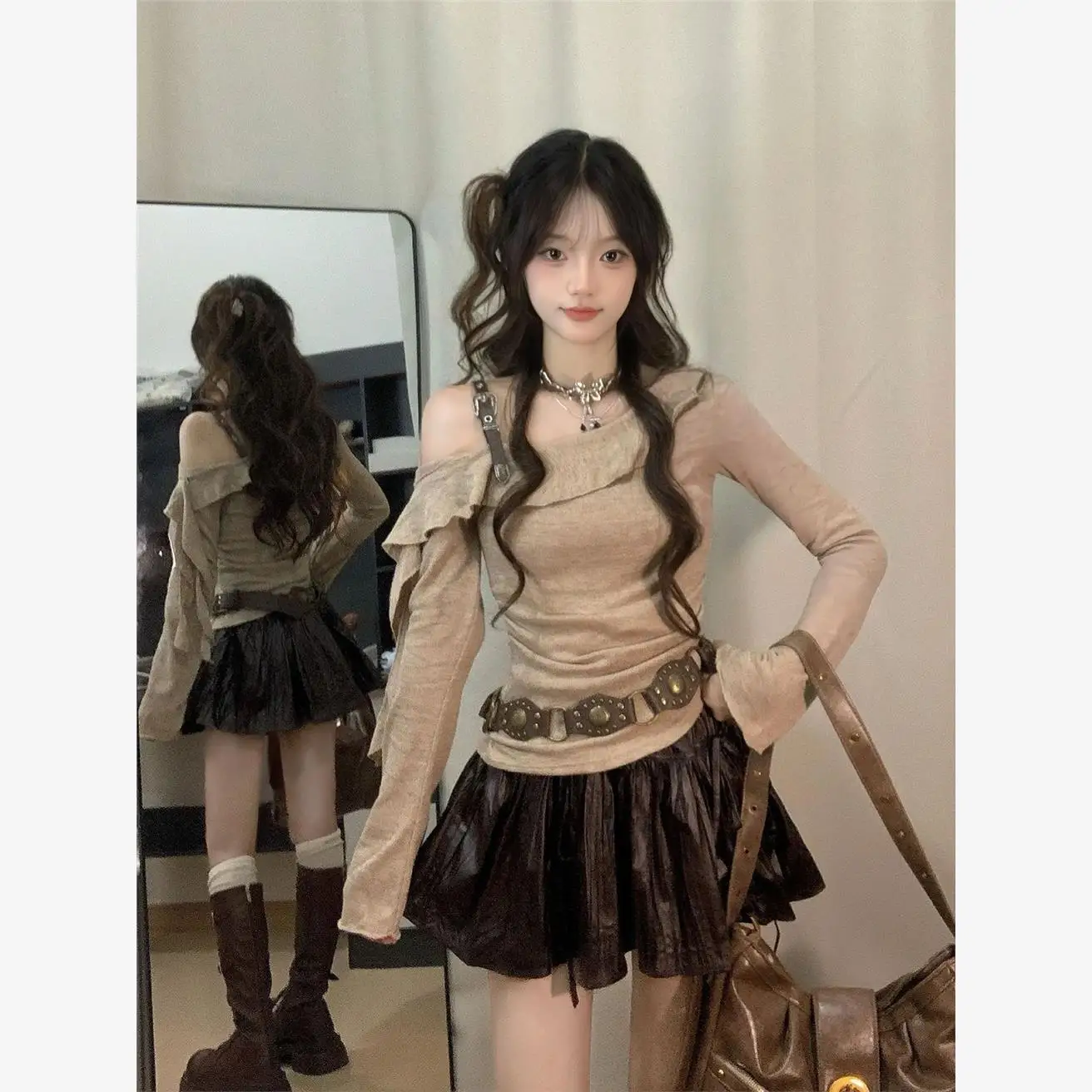 

Женская футболка American Desert с асимметричным воротником, удлиненная, облегающая, для ранней осени, модный топ