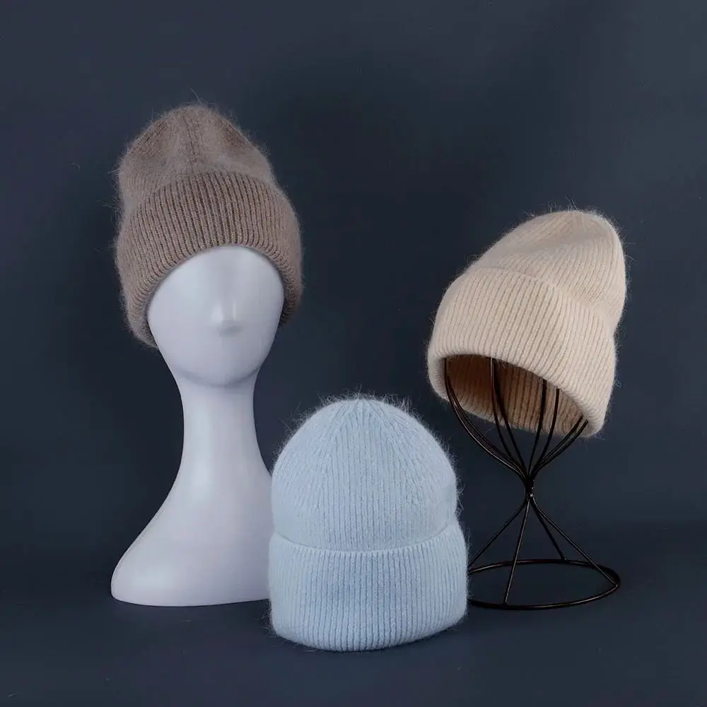 Rabbit Fur Beanies Soft Warm Fluffy Winter Hat for Women Angora Knitted Hat Beanies Female Bonnet warm Woman Knit Cap