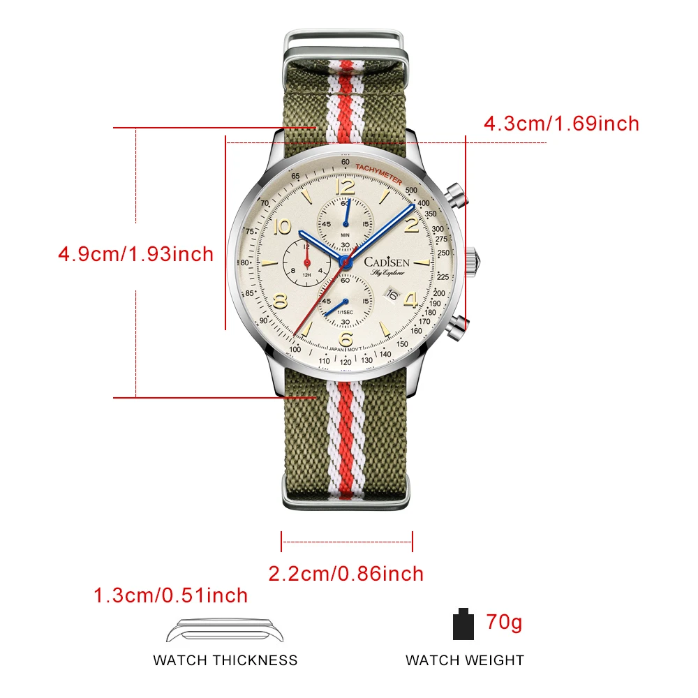 CADISEN جديد كرونوغراف ساعة كوارتز رجالية أفضل الساعات الفاخرة للرجال ميوتا 0S10 AR مرآة مقاوم للماء قماش ساعة يد رجالي #6