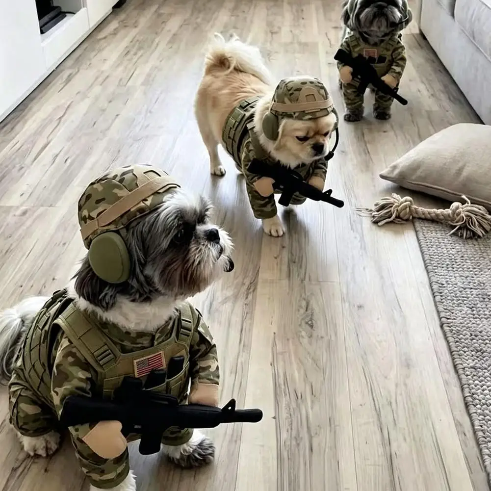 Pet Tactical Soldier Uniform, Halloween Pet Soldier Costume for Dogs & Cats,Tactical Dog Harness with Hat, Funny Military Outfit