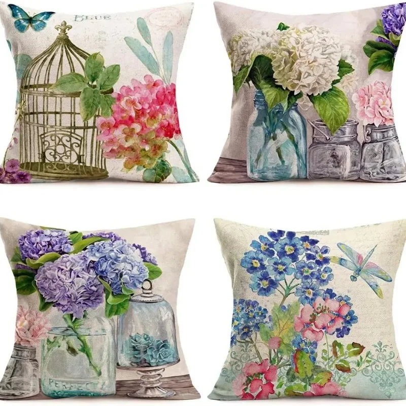 

Country Romantic Flower Decoration Pillow Cover Hydrangea Bird Nest Linen Square Pillowcase Home Sofa Cushion Cover