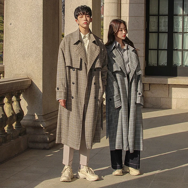 

MRCYC Autumn Plaid Couple Sle Men's Long Coat Haome over Knee Outerwear Korean Trendy Windbreaker Loose Fit Polyester