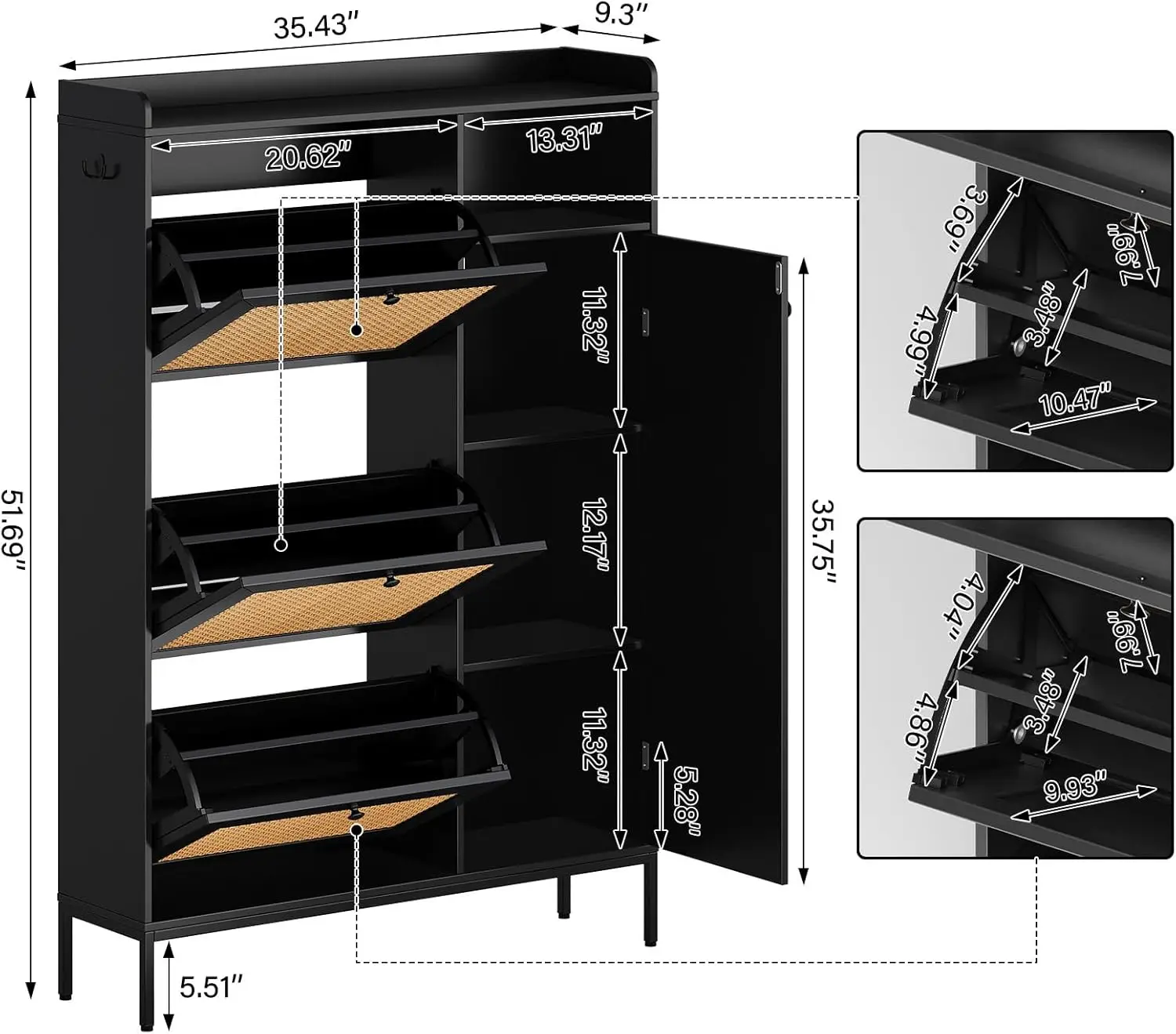 Rattan Shoe Cabinet, 3 Tier Shoe Cabinet with Flip Drawers, Free Standing Narrow Shoe Storage Organizer with Adjustable Shelves